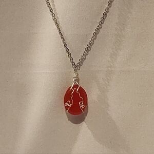 GLOW In the DARK! Red Wire Wrapped Stone Pendant Necklace